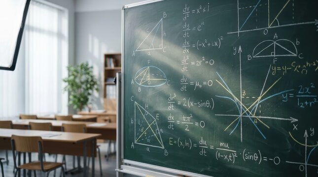 Green chalkboard covered in complex geometry and calculus formulas sits in a bright classroom creative design image