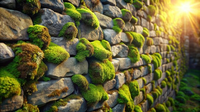 Old stone wall overgrown with moss and lichens