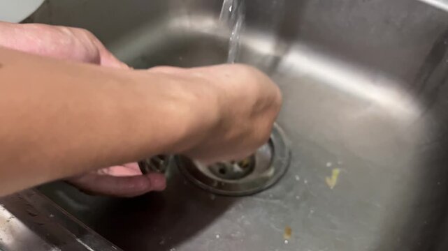 Close Up View of Man Hands Rinsing Food Waste Strainer Under Running Water and Putting It Back into Kitchen Sink