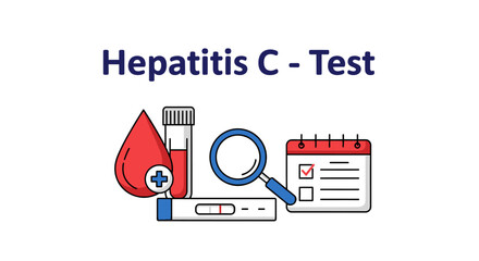 Hepatitis C test concept illustration with blood sample, test kit, magnifying glass, and calendar, representing medical diagnostic screening, health check-up, and laboratory testing for viral diseases © Hafiz