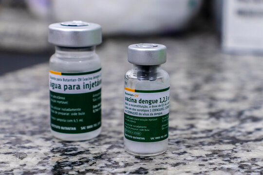 Marilia, SP, Bazil, May 08, 2026: A close-up shot shows two glass vials of the Butantan-DV dengue vaccine, developed by the Butantan Institute in Brazil.