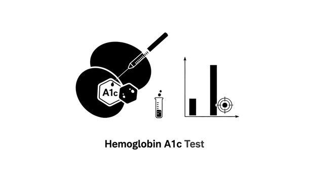 Medical illustration of a Hemoglobin A1c blood test, featuring a syringe, sample test tube, and analysis bar graph. Concept for diabetes monitoring, healthcare diagnostics, and clinical research.