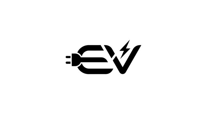Minimalist EV logo with electric plug and lightning bolt