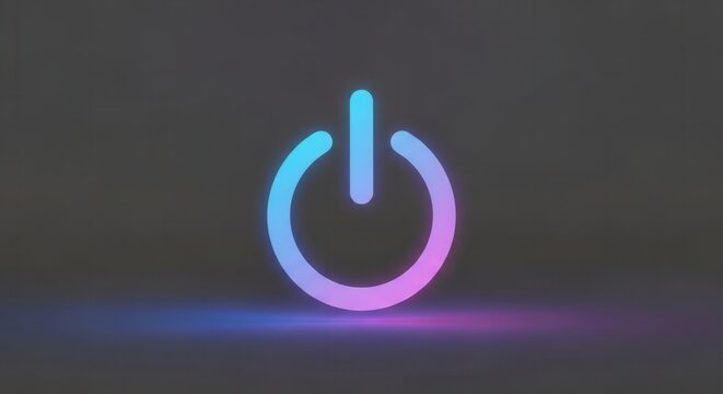 Glowing power button symbol with neon light effect on dark background.