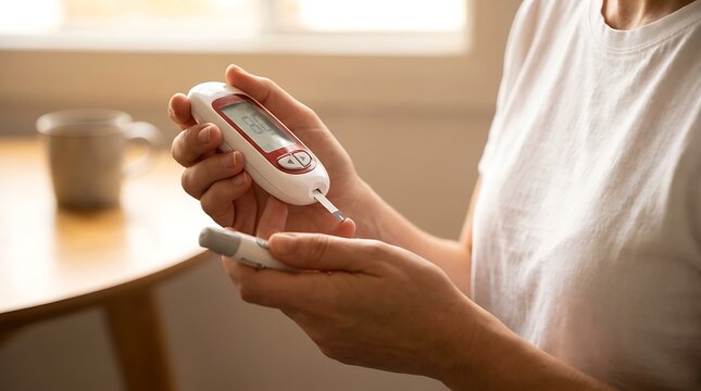 Person Checks Blood Sugar Level with Glucose Meter at Home