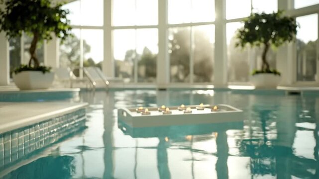 Luxury indoor spa pool with floating candles and bright windows