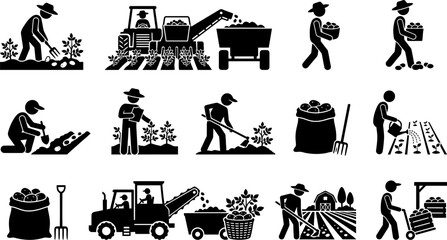 Obraz premium Agricultural icons collection depicting farm life with tractors harvesting machines farmers working with soil planting seeds and carrying produce in sack bags.
