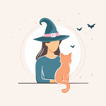 Whimsical Halloween scene of a witch and her cat under a full moon