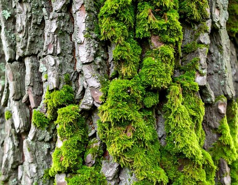 Close-up of a tree trunk with textured bark covered in vibrant green moss, showcasing natural patterns and detail