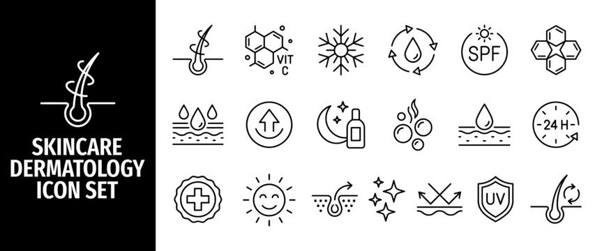 Skincare and dermatology line icon set skin care, beauty, cosmetic, hair follicle, spf protection, uv shield, hydration, antiaging vector outline icons