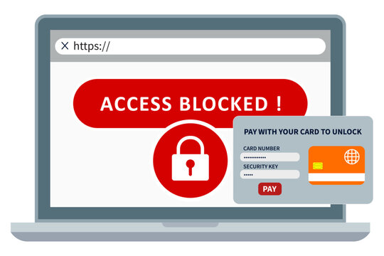 Laptop displaying access blocked warning with lock icon and fake payment popup demanding credit card to unlock for ransomware and online scam concept.