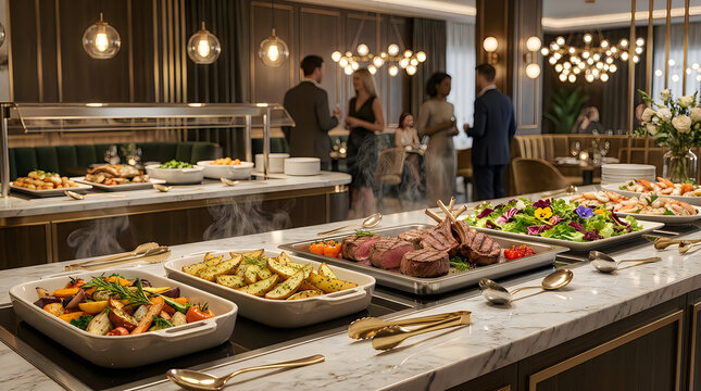 A buffet dinner setup with warm lighting and people dining in a modern restaurant