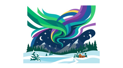 Aurora Borealis over Snowy Mountains and Cabin © Natan