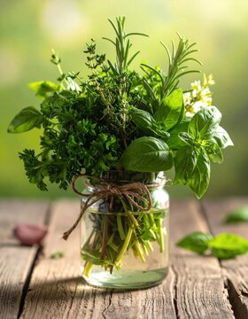 Fresh Herbs in a Jar on a Wooden Table.