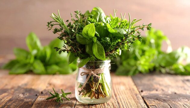 Fresh Herbs in a Jar on a Wooden Table.