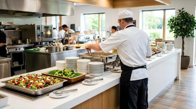 Professional chef serving fresh healthy food at a modern buffet restaurant cafeteria or corporate canteen.