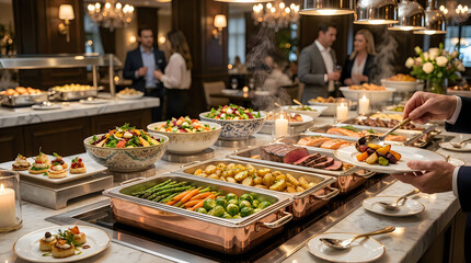 Obraz premium People serving themselves at a luxury hotel buffet dinner with various delicious food dishes in chafing dishes and salad bowls