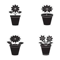 Fototapeta premium Black silhouette potted plants with flowers and leaves on white background simple flower pots with different flower arrangements