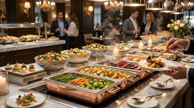 People serving themselves at a luxury hotel buffet dinner with various delicious food dishes in chafing dishes and salad bowls