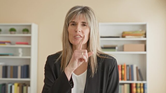 Woman in black blazer with finger to lips for silence in office building with bookshelves visible and neutral walls; serenity privacy.