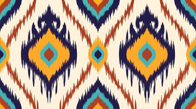 A dynamic modern ikat inspired abstract pattern featuring bold geometric diamond shapes and blurred tie-dye style edges in vibrant orange, cyan blue, and yellow.