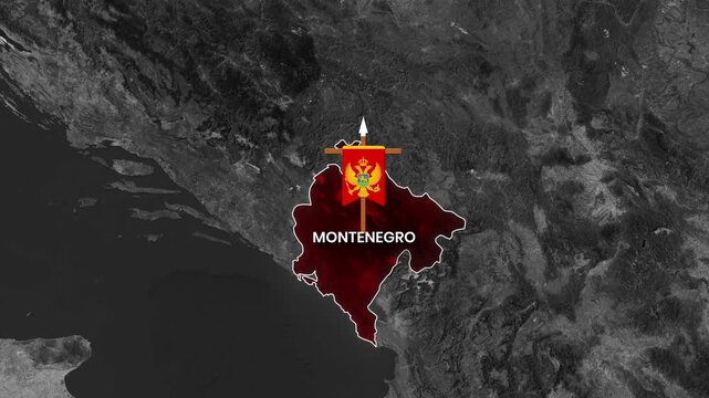 Montenegro is outlined on a satellite map with its flag waving, video footage animation