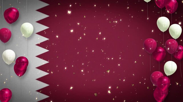 Loopable 4K video. Qatari flag. Celebration, event, sports, soccer, football. Background, player introductions. Confetti, maroon and white balloons. Video with copy space. Qatar. Camel race.