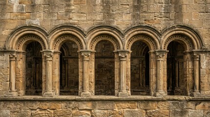 Obraz premium Medieval Romanesque Arches and Columns on Ancient Stone Facade
