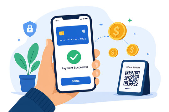 A hand holding a phone with a payment screen near a QR code and plant