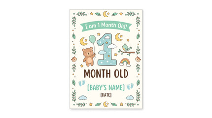 1 Month Old Baby Milestone Card with Cute Animals and Rainbow