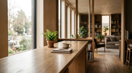 Fototapeta premium Modern Wood Interior with Coffee, Books, and Plant by Large Window