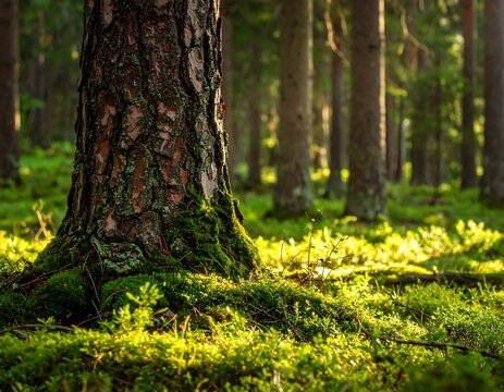 Close-up of a tree trunk with textured bark, surrounded by green moss and lush undergrowth, sunlight filters through the trees