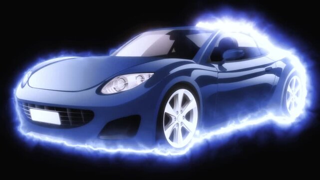 Blue sports car engulfed in glowing electric energy aura animation loop against black background featuring cinematic motion graphics and high speed aesthetic for automotive marketing.