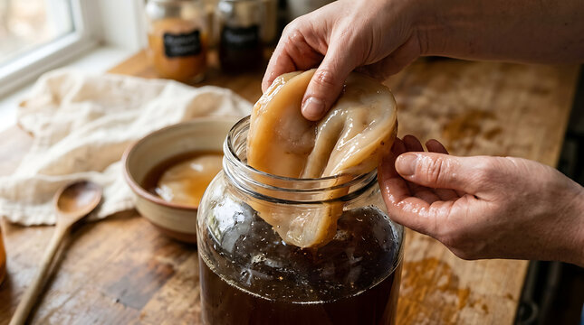 Person handling SCOBY in glass jar