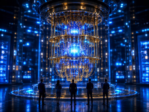 Group of Business People Viewing a Futuristic Quantum Computer