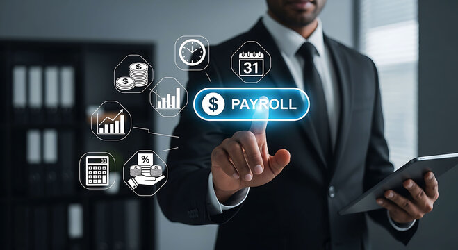 Businessman touching virtual payroll button for online business management service