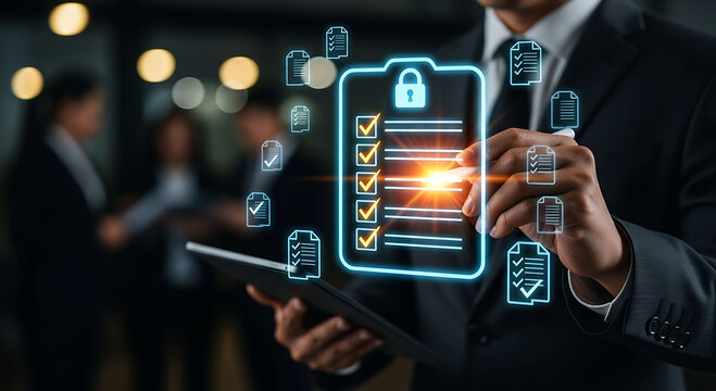 Businessman checking digital compliance checklist for data security on tablet screen