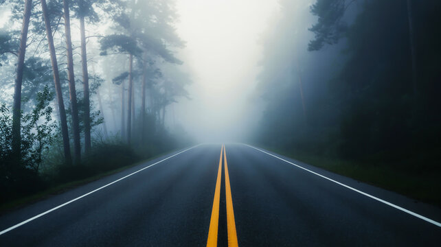 Empty asphalt road with yellow double lines disappearing into a dense forest fog highway