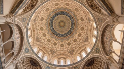 Fototapeta premium Intricately detailed dome ceiling of the Sultan Qaboos Grand Mosque in Muscat, Oman. The design showcases Islamic geometric patterns and Arabic calligraphy in rich blues and golds accented with cream 