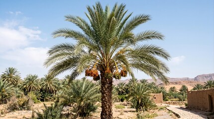 Fototapeta premium A date palm (Phoenix dactylifera) stands prominently in an arid landscape