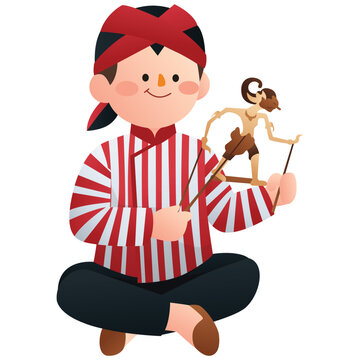 Indonesia Monument and Landmark Illustration.Indonesian boy playing wayang puppet, highlighting a classic shadow puppet tradition and cultural storytelling activity. Isolated on background