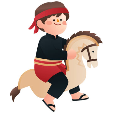 Indonesia Monument and Landmark Illustration.Indonesian boy performing kuda lumping with a woven horse prop, representing a lively traditional folk performance. Isolated on background