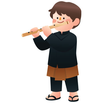 Indonesia Monument and Landmark Illustration.Indonesian boy playing flute, representing a simple traditional music activity with a bamboo wind instrument. Isolated on background