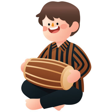 Indonesia Monument and Landmark Illustration.Indonesian boy playing kendang drum, showing a traditional percussion performance and joyful musical expression. Isolated on background