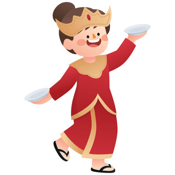 Indonesia Monument and Landmark Illustration.Indonesian girl performing tari piring with plates, representing a famous traditional dance from West Sumatra. Isolated on background