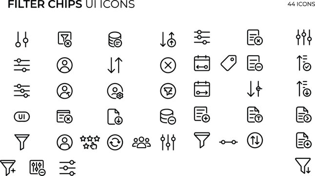 Filter chips UI outline icon set with sorting, data filters, sliders, user selection and interface controls