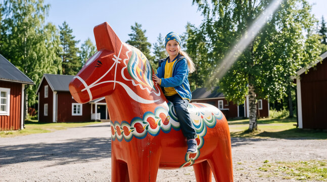 Happy young girl riding a large traditional red Dala horse. Child in blue and yellow clothes celebrating National Day of Sweden in a rural village