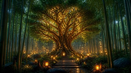Naklejka premium Glowing Tree of Life in Enchanted Bamboo Forest at Night with Lanterns for Spiritual Celebration