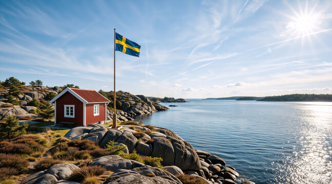 Swedish flag and traditional red cottage on a rocky coastline. Summer landscape in the archipelago of Sweden. National Day of Sweden concept