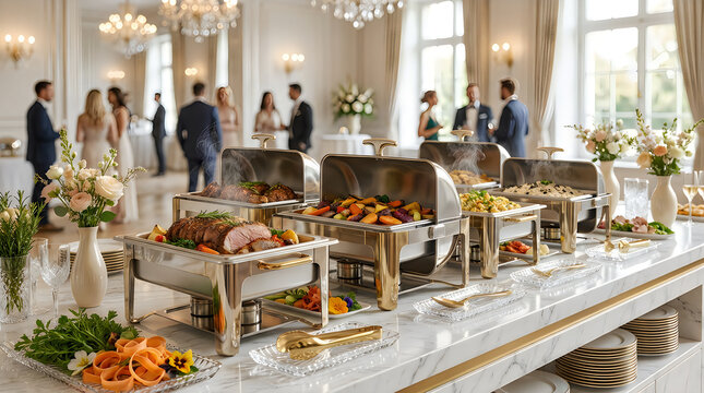 Catering food buffet with warm dishes in chafing dishes at a formal wedding reception party with people talking in the background